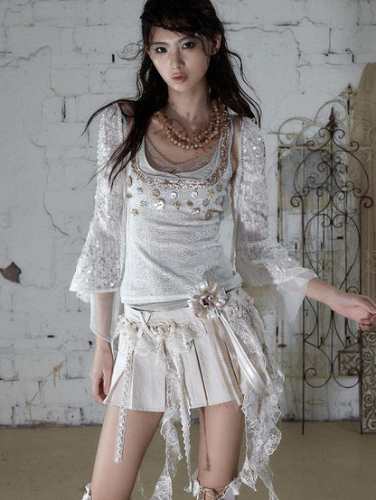 NO ROMANCE Baroque Ballet Lace Trim Asymmetrical Pleated High Waist Women&