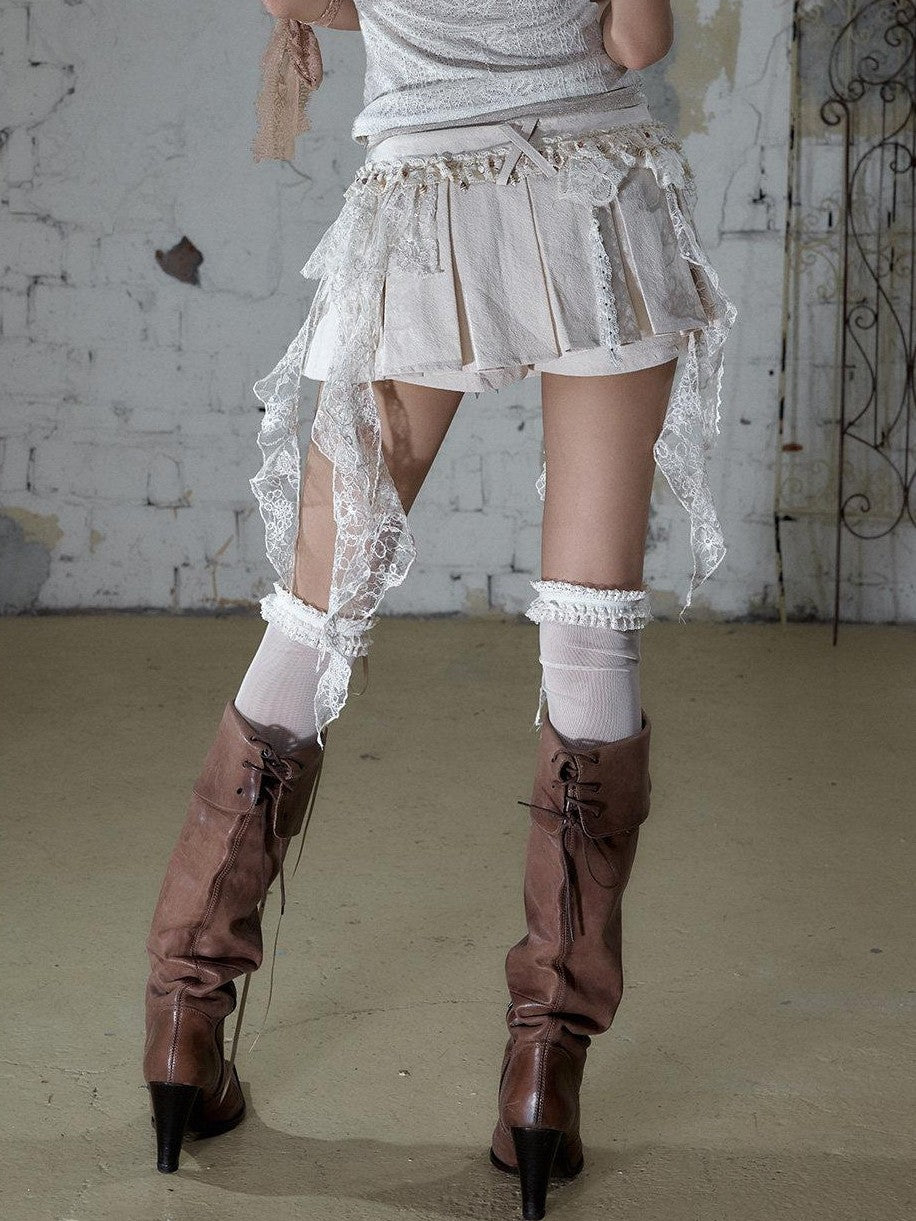 NO ROMANCE Baroque Ballet Lace Trim Asymmetrical Pleated High Waist Women&