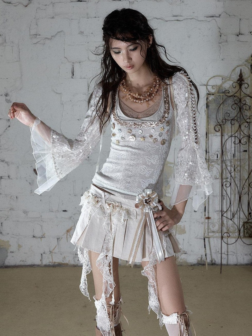 NO ROMANCE Baroque Ballet Lace Trim Asymmetrical Pleated High Waist Women&