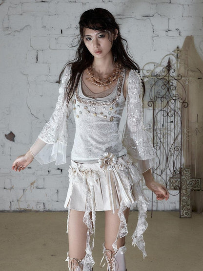 NO ROMANCE Baroque Ballet Lace Trim Asymmetrical Pleated High Waist Women&
