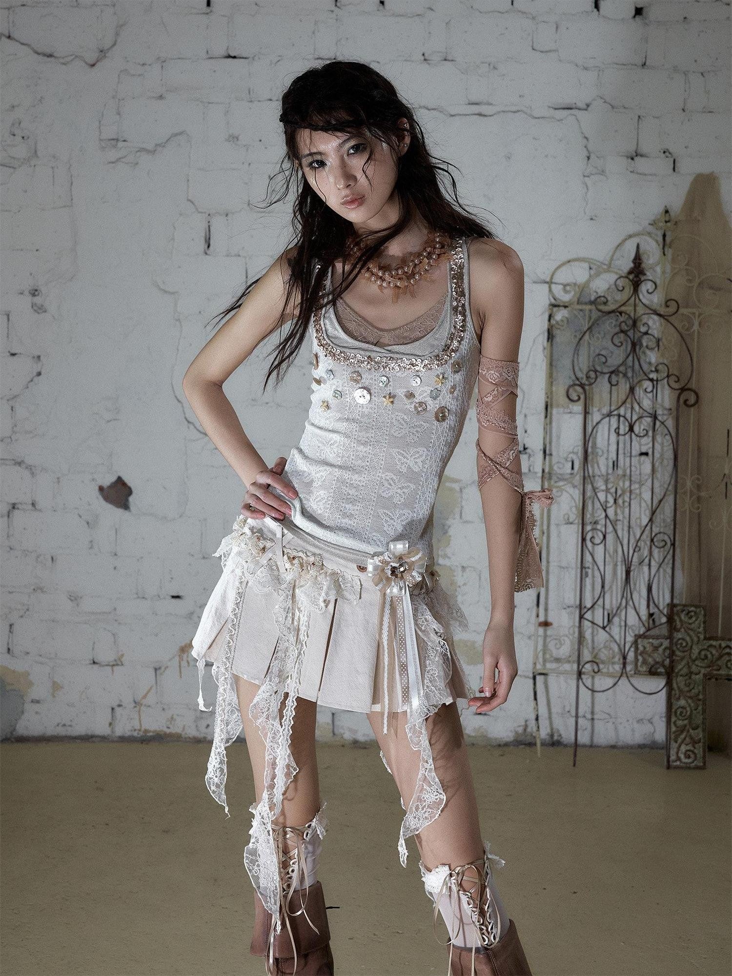 NO ROMANCE Baroque Ballet Lace Trim Asymmetrical Pleated High Waist Women&