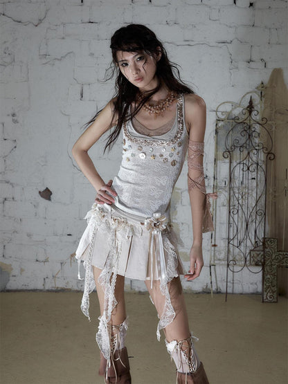 NO ROMANCE Baroque Ballet Lace Trim Asymmetrical Pleated High Waist Women&