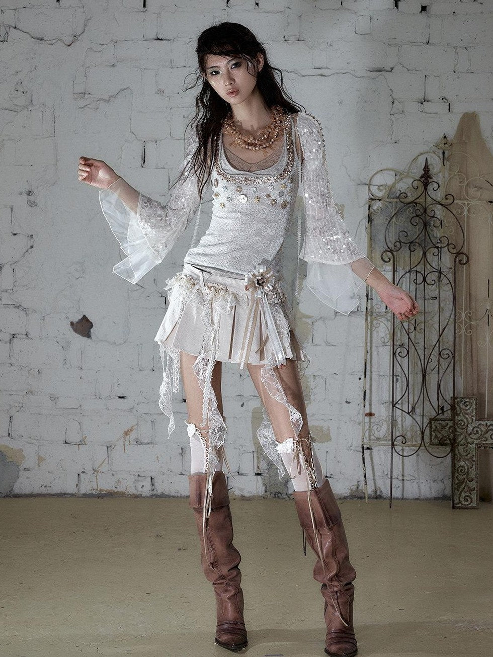 NO ROMANCE Baroque Ballet Lace Trim Asymmetrical Pleated High Waist Women&