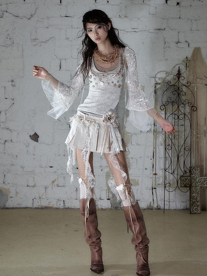 NO ROMANCE Baroque Ballet Lace Trim Asymmetrical Pleated High Waist Women&