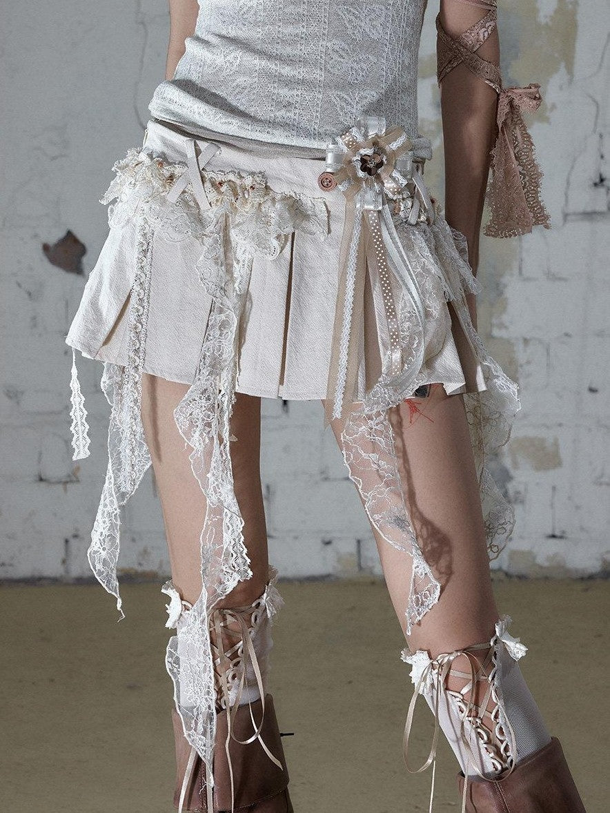 NO ROMANCE Baroque Ballet Lace Trim Asymmetrical Pleated High Waist Women&