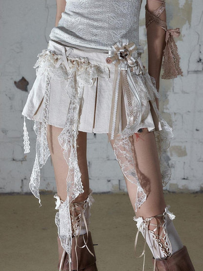 NO ROMANCE Baroque Ballet Lace Trim Asymmetrical Pleated High Waist Women&