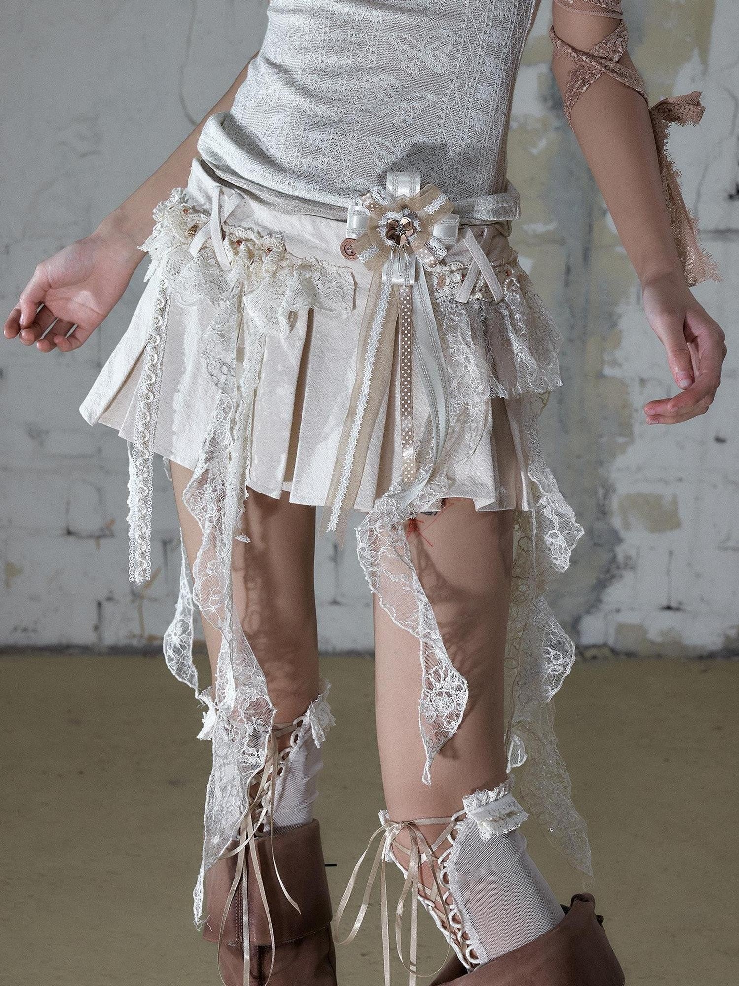 NO ROMANCE Baroque Ballet Lace Trim Asymmetrical Pleated High Waist Women&