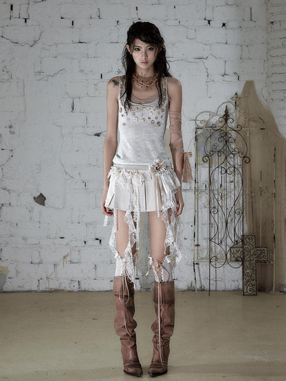 NO ROMANCE Baroque Ballet Lace Trim Asymmetrical Pleated High Waist Women&