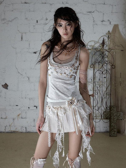 NO ROMANCE Baroque Ballet Lace Trim Asymmetrical Pleated High Waist Women&