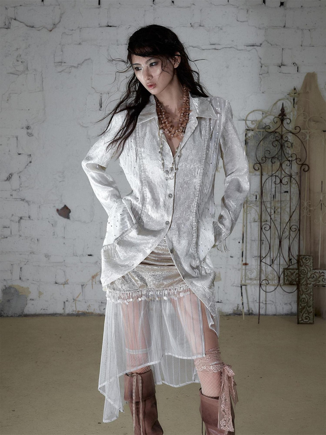 NO ROMANCE Baroque Chain Spliced Lapel Zipper Loose Women&