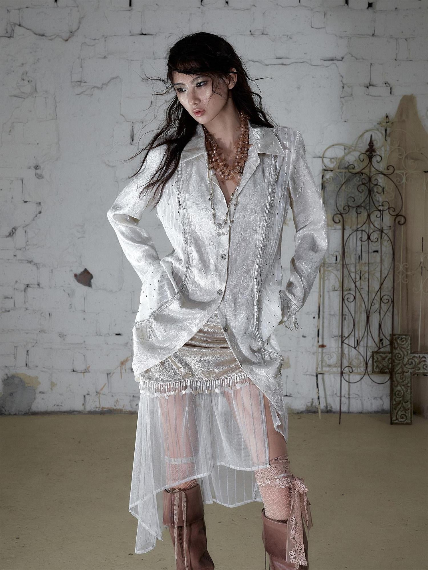 NO ROMANCE Baroque Chain Spliced Lapel Zipper Loose Women&