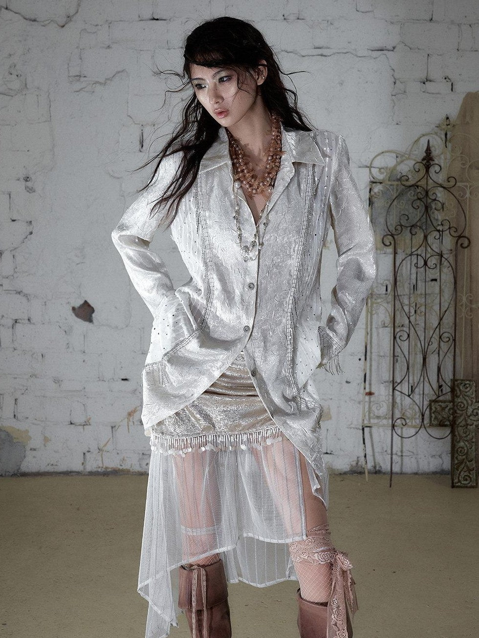 NO ROMANCE Baroque Chain Spliced Lapel Zipper Loose Women&