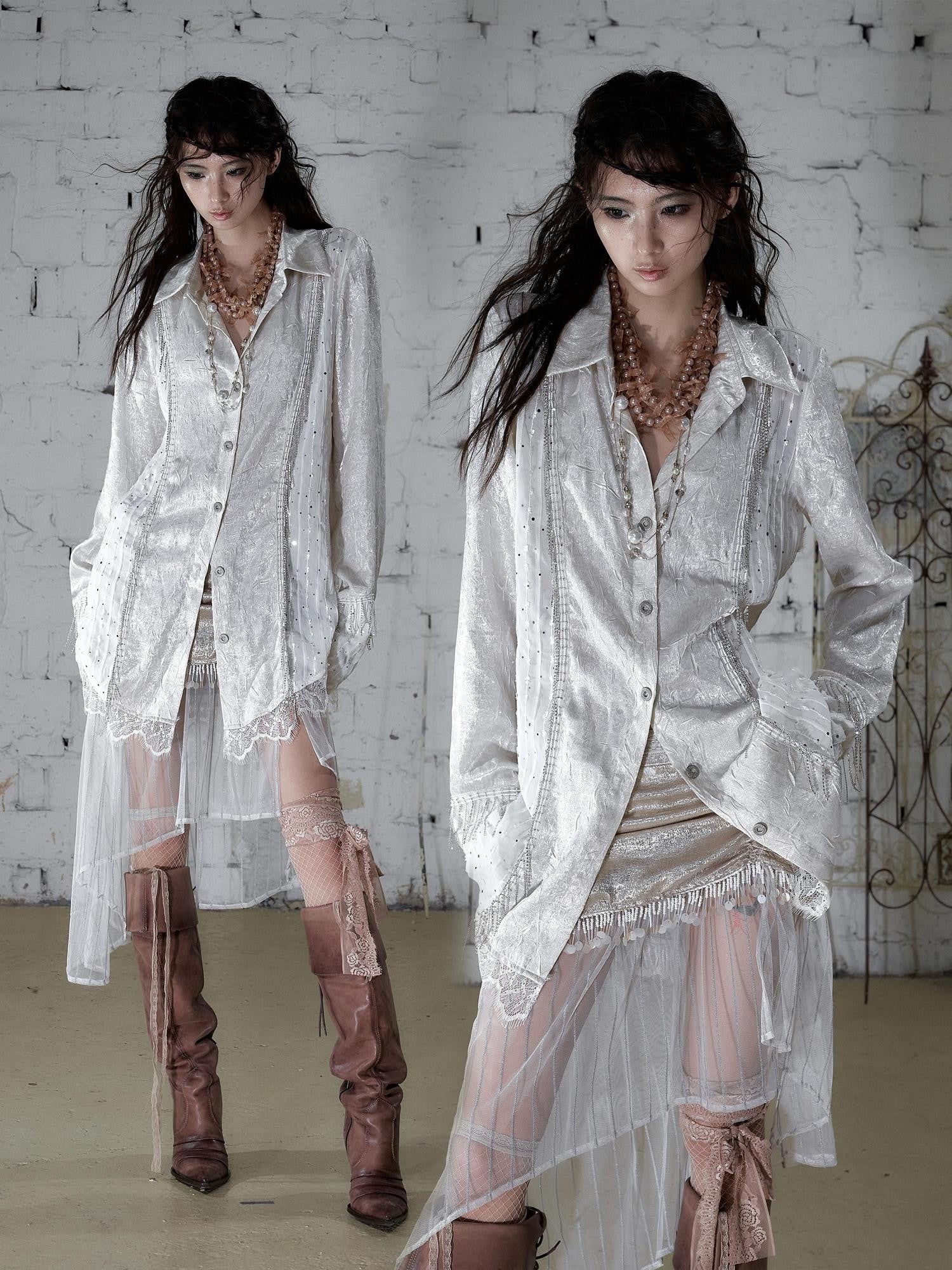 NO ROMANCE Baroque Chain Spliced Lapel Zipper Loose Women&