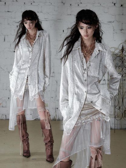 NO ROMANCE Baroque Chain Spliced Lapel Zipper Loose Women&