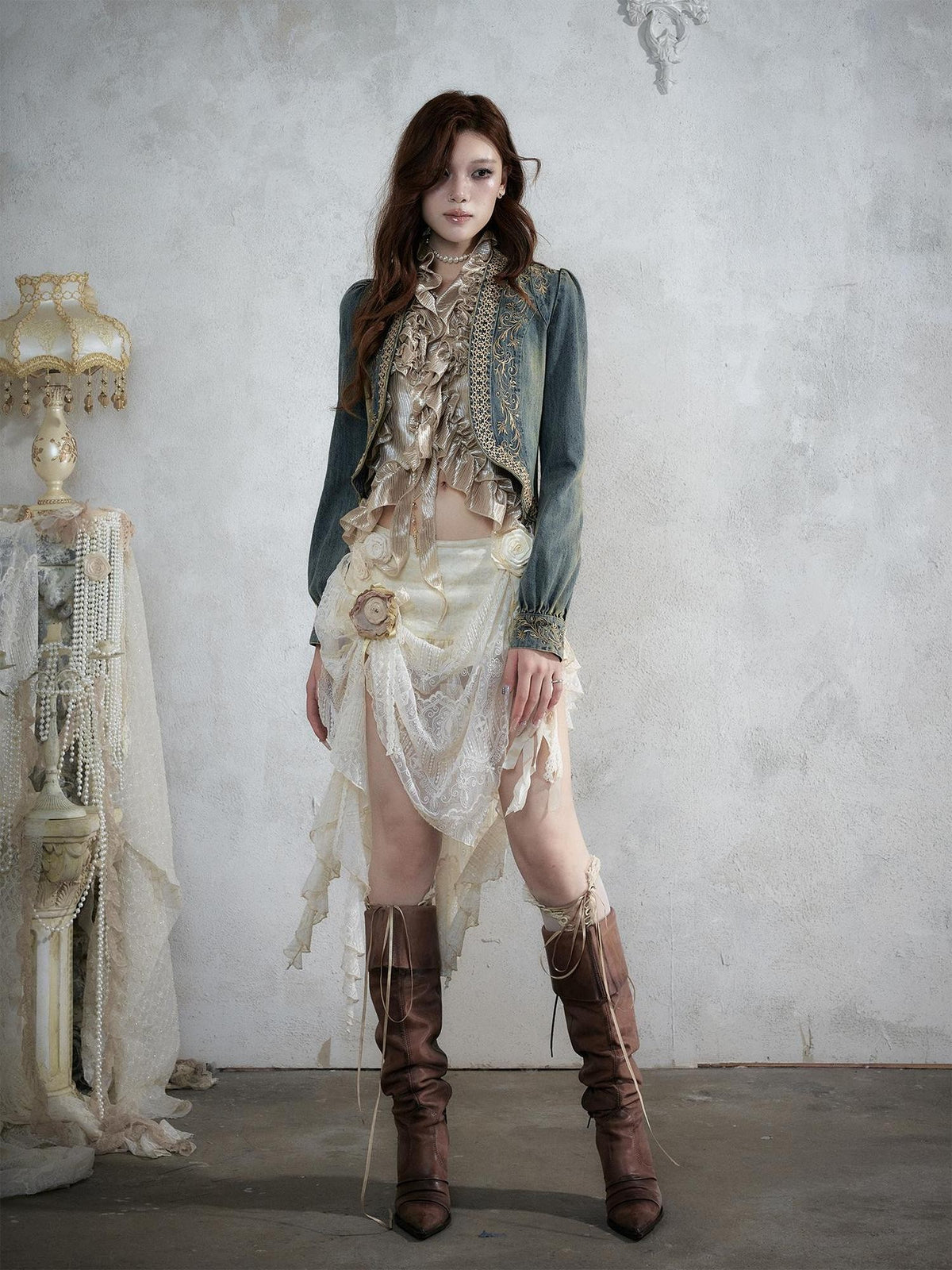 NO ROMANCE Baroque Embroidered Ribbon Stand Collar Cinched Waist Women&