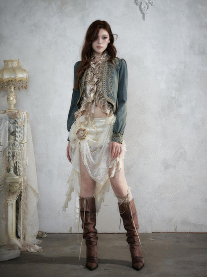 NO ROMANCE Baroque Embroidered Ribbon Stand Collar Cinched Waist Women&