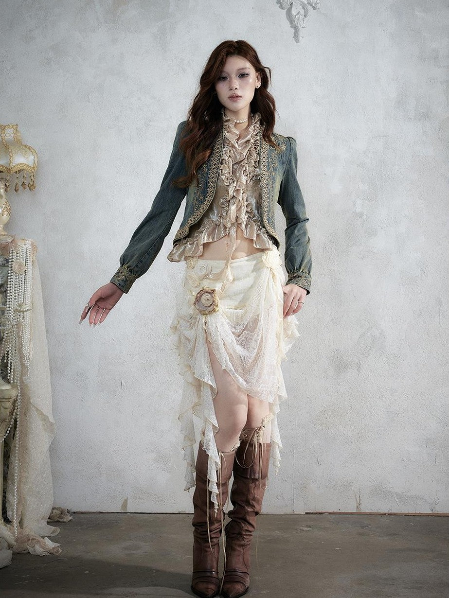 NO ROMANCE Baroque Embroidered Ribbon Stand Collar Cinched Waist Women&