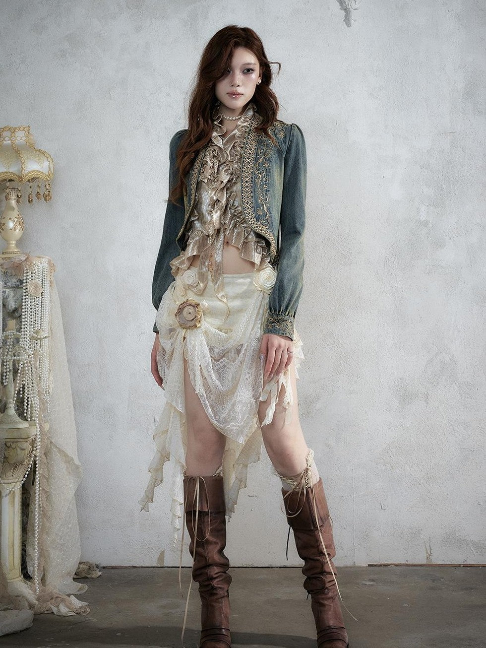 NO ROMANCE Baroque Embroidered Ribbon Stand Collar Cinched Waist Women&