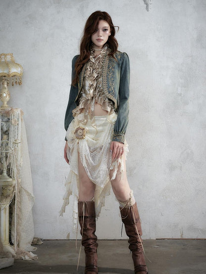 NO ROMANCE Baroque Embroidered Ribbon Stand Collar Cinched Waist Women&
