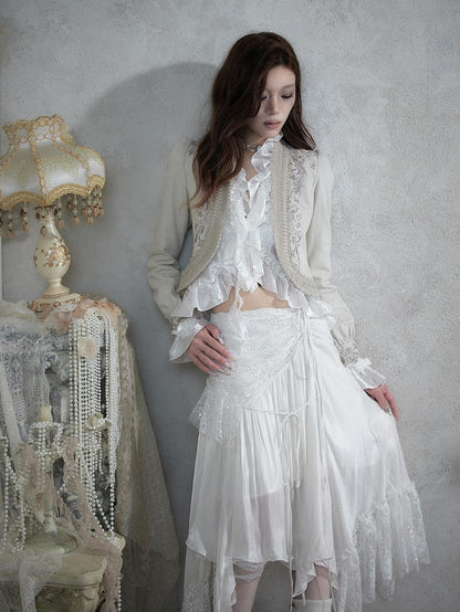 NO ROMANCE Baroque Embroidered Ribbon Stand Collar Cinched Waist Women&