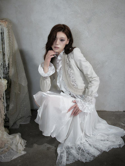 NO ROMANCE Baroque Embroidered Ribbon Stand Collar Cinched Waist Women&