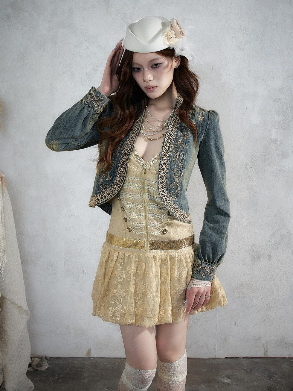 NO ROMANCE Baroque Embroidered Ribbon Stand Collar Cinched Waist Women&