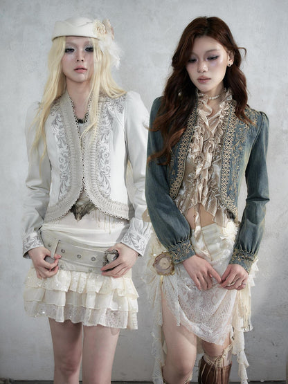 NO ROMANCE Baroque Embroidered Ribbon Stand Collar Cinched Waist Women&