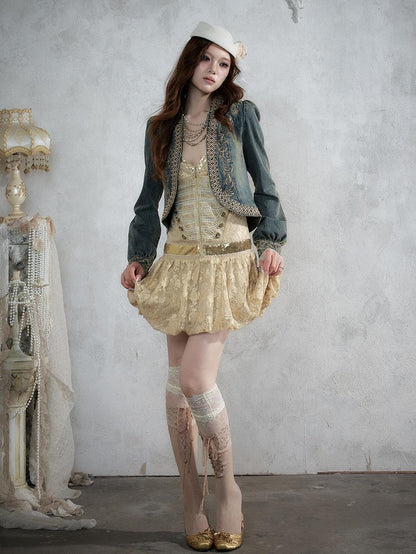 NO ROMANCE Baroque Embroidered Ribbon Stand Collar Cinched Waist Women&