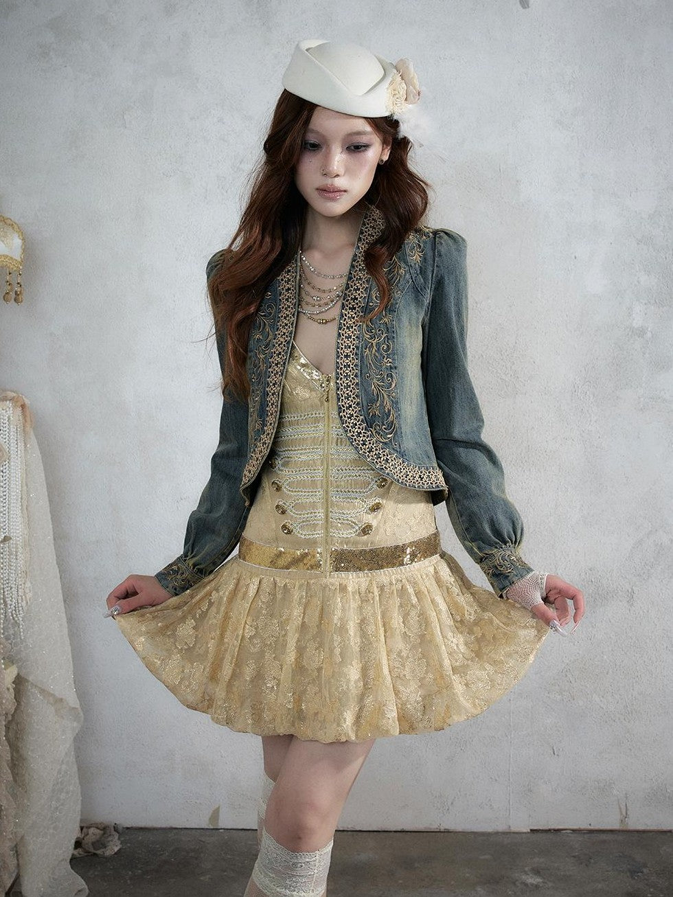 NO ROMANCE Baroque Embroidered Ribbon Stand Collar Cinched Waist Women&