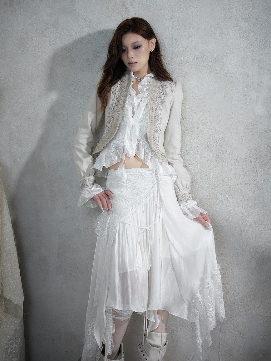 NO ROMANCE Baroque Embroidered Ribbon Stand Collar Cinched Waist Women&