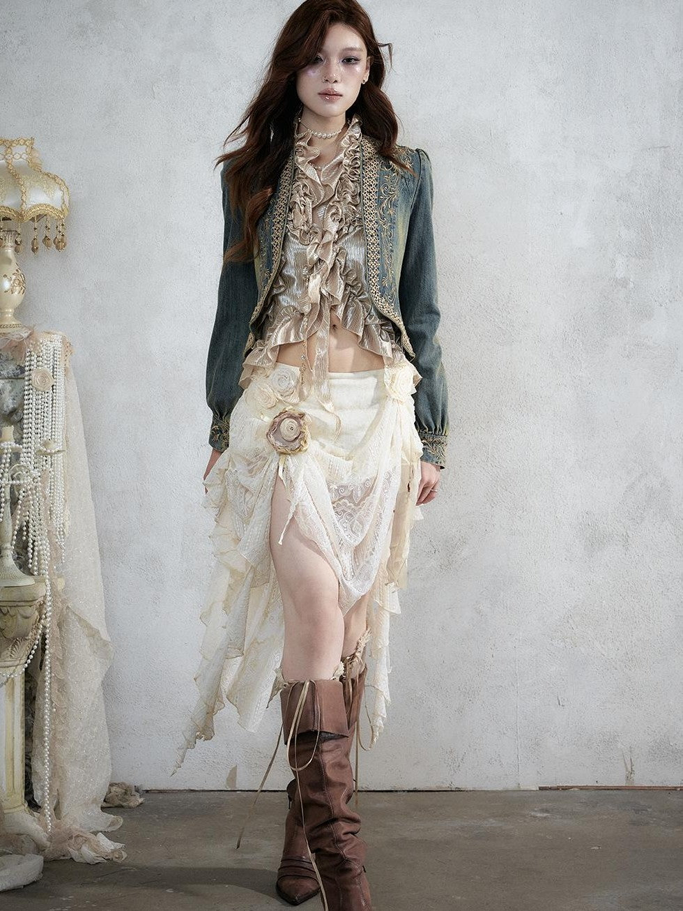 NO ROMANCE Baroque Embroidered Ribbon Stand Collar Cinched Waist Women&