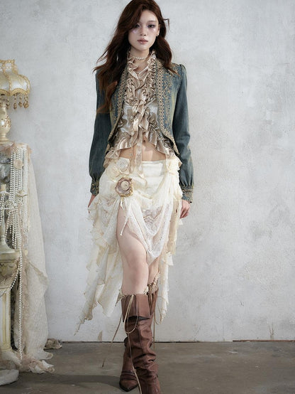 NO ROMANCE Baroque Embroidered Ribbon Stand Collar Cinched Waist Women&