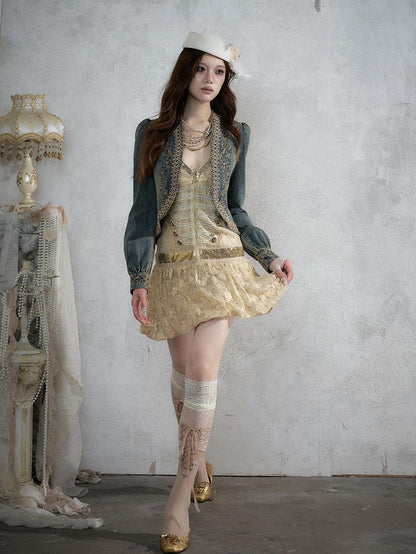 NO ROMANCE Baroque Embroidered Ribbon Stand Collar Cinched Waist Women&