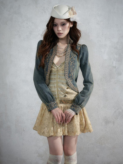 NO ROMANCE Baroque Embroidered Ribbon Stand Collar Cinched Waist Women&