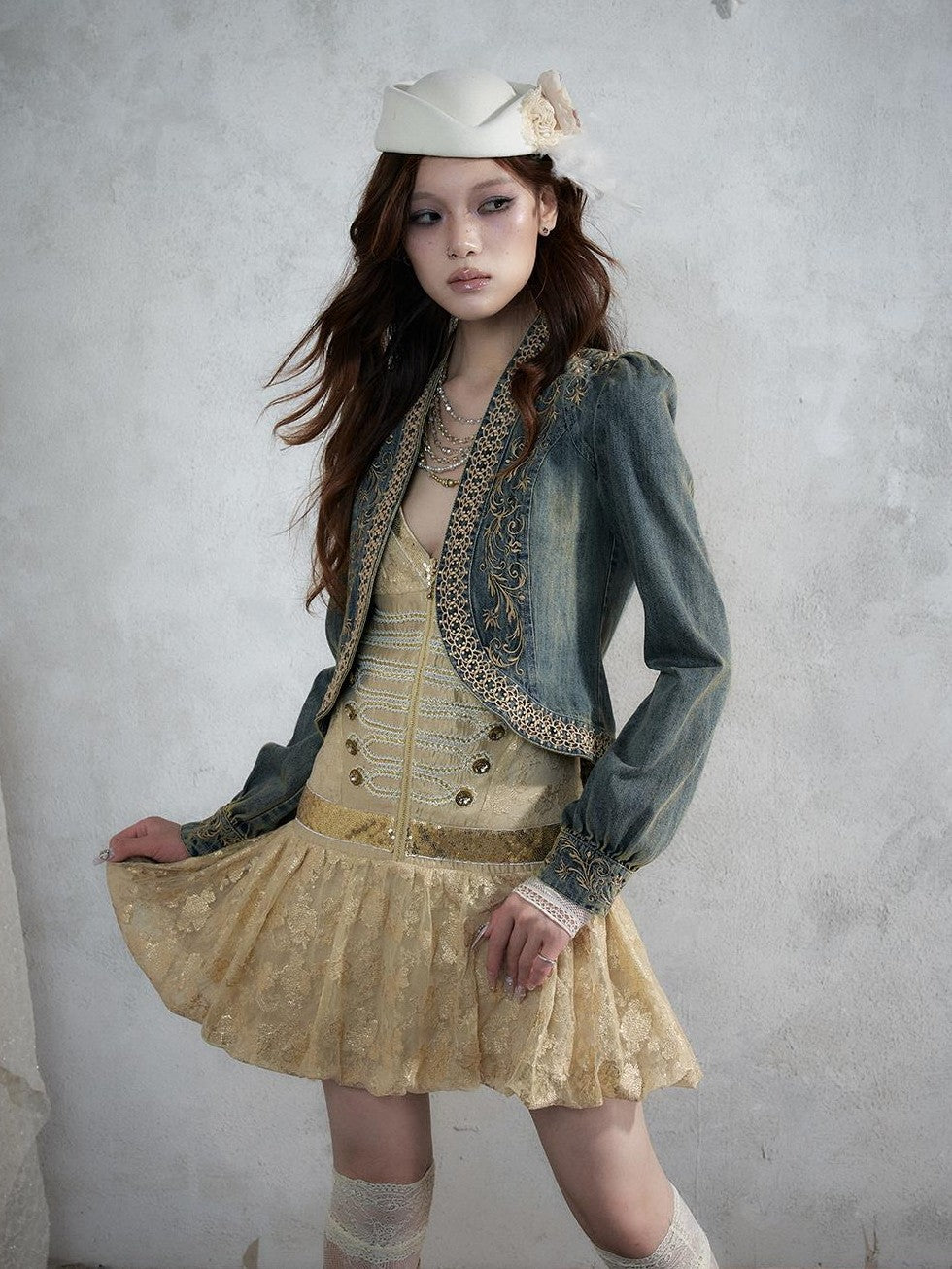 NO ROMANCE Baroque Embroidered Ribbon Stand Collar Cinched Waist Women&
