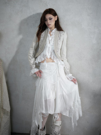 NO ROMANCE Baroque Embroidered Ribbon Stand Collar Cinched Waist Women&