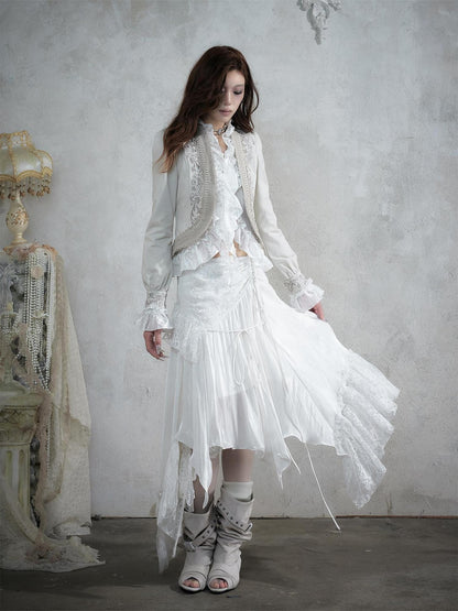 NO ROMANCE Baroque Embroidered Ribbon Stand Collar Cinched Waist Women&