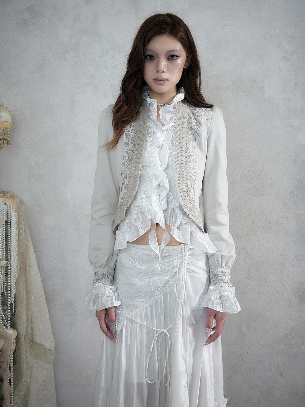 NO ROMANCE Baroque Embroidered Ribbon Stand Collar Cinched Waist Women&