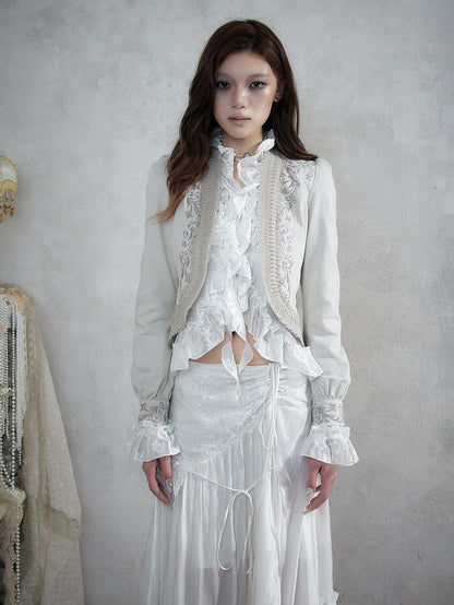 NO ROMANCE Baroque Embroidered Ribbon Stand Collar Cinched Waist Women&