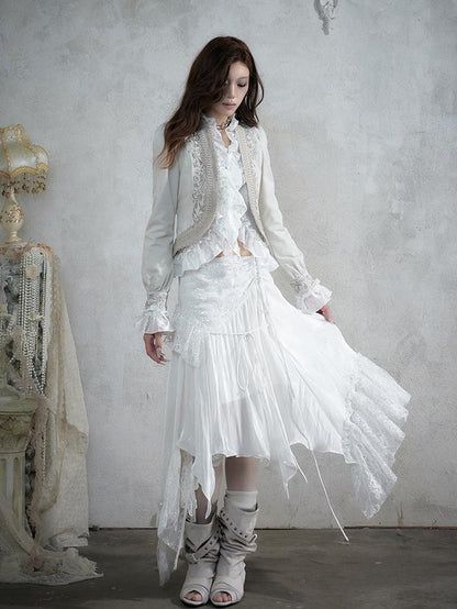 NO ROMANCE Baroque Embroidered Ribbon Stand Collar Cinched Waist Women&