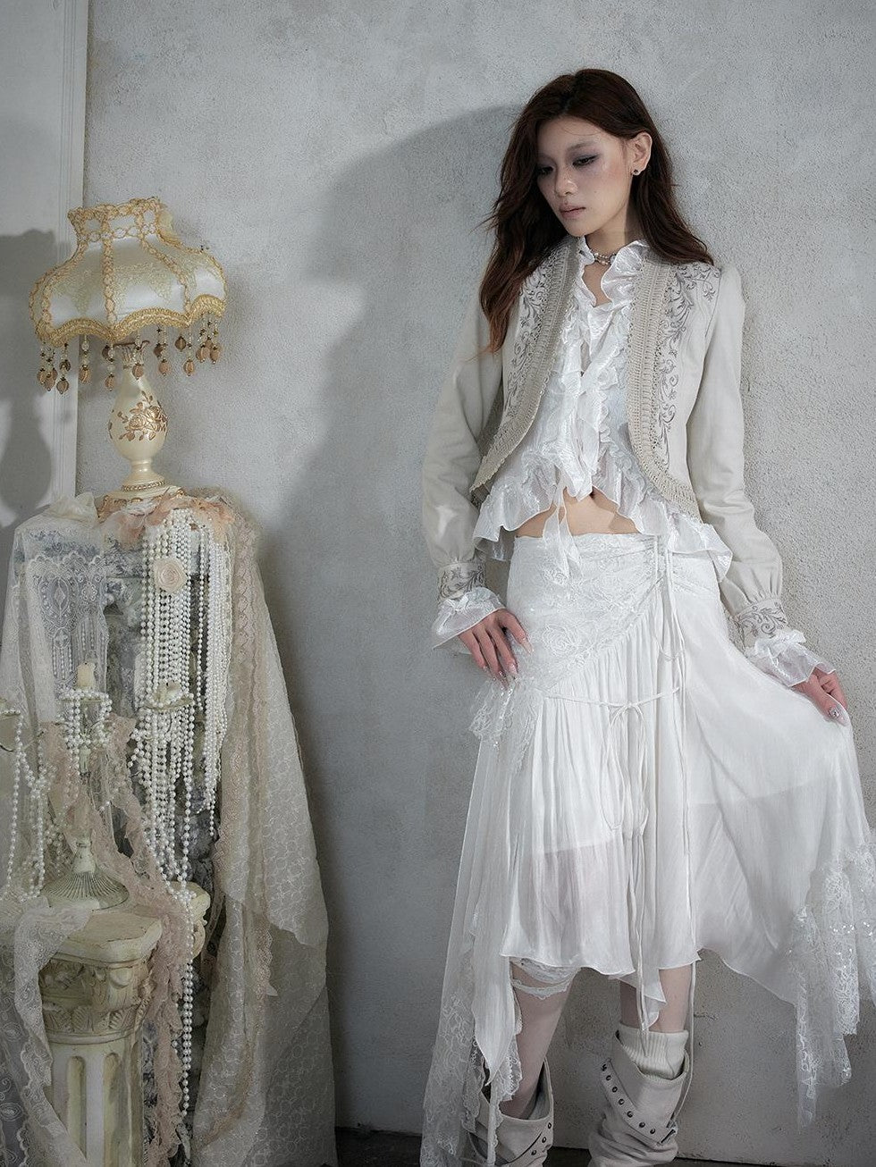 NO ROMANCE Baroque Embroidered Ribbon Stand Collar Cinched Waist Women&