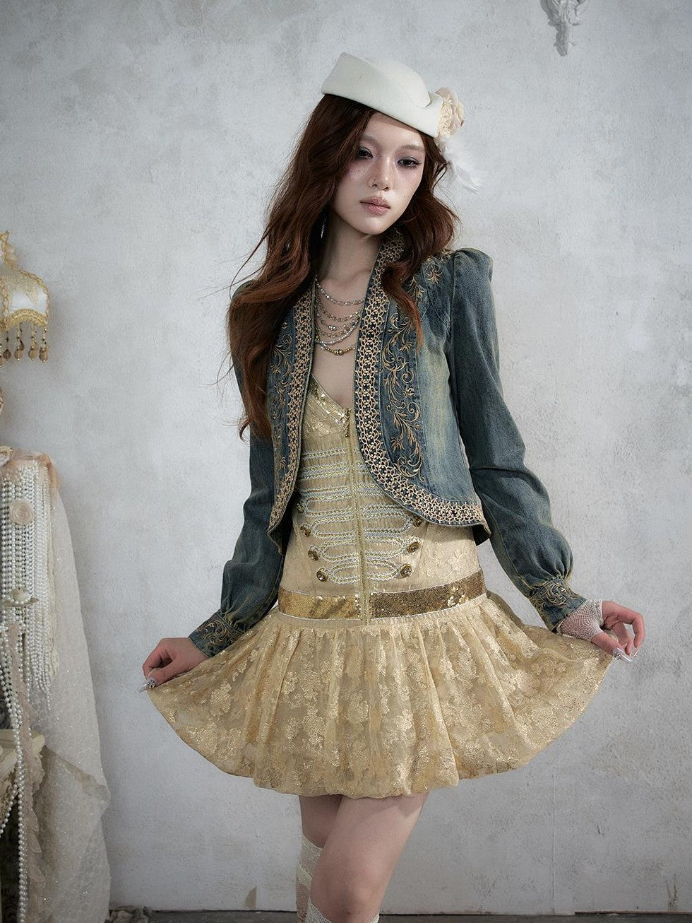 NO ROMANCE Baroque Embroidered Ribbon Stand Collar Cinched Waist Women&