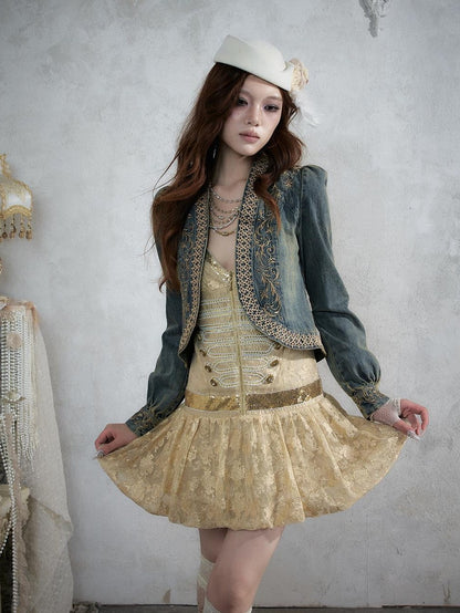 NO ROMANCE Baroque Embroidered Ribbon Stand Collar Cinched Waist Women&