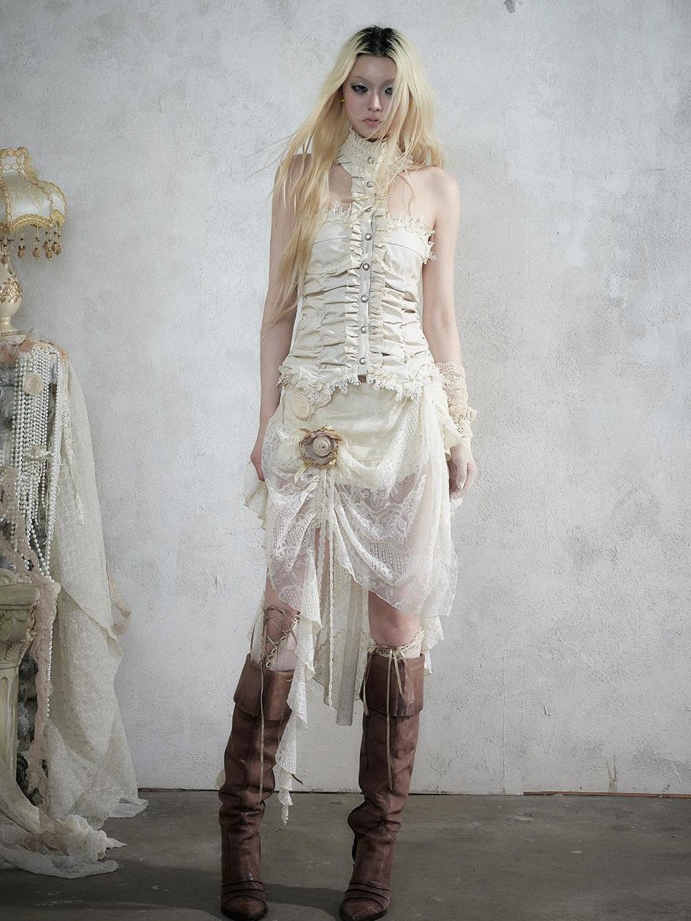 NO ROMANCE Baroque Lace Ruched Asymmetric Mermaid Women&