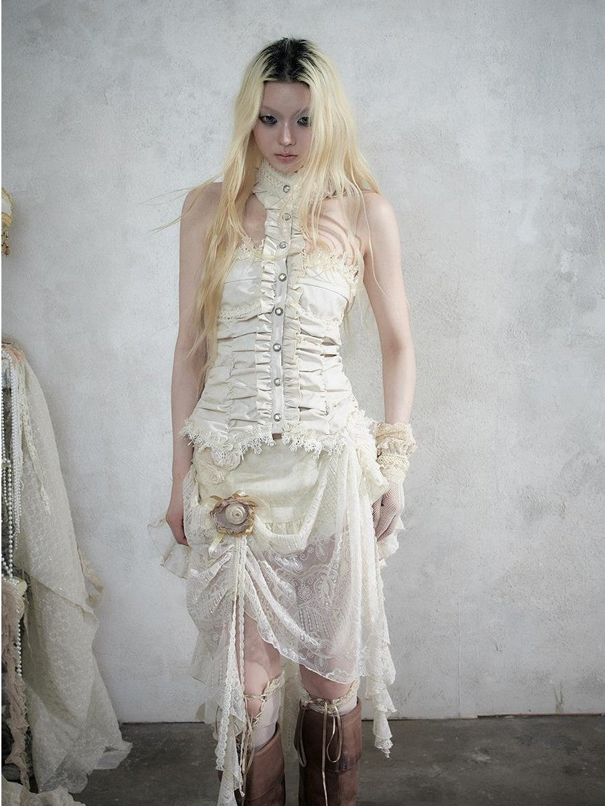 NO ROMANCE Baroque Lace Ruched Asymmetric Mermaid Women&