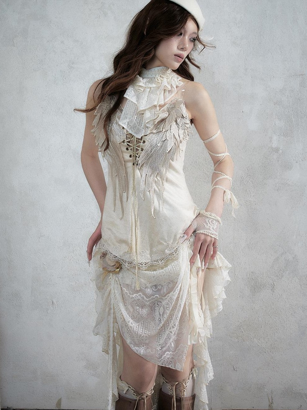 NO ROMANCE Baroque Lace Ruched Asymmetric Mermaid Women&