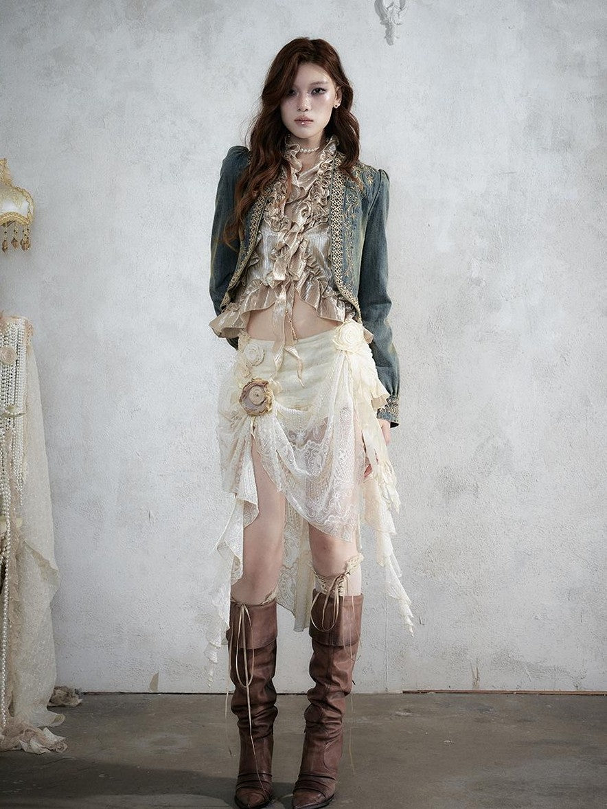 NO ROMANCE Baroque Lace Ruched Asymmetric Mermaid Women&