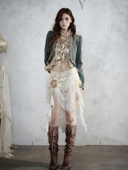 NO ROMANCE Baroque Lace Ruched Asymmetric Mermaid Women&