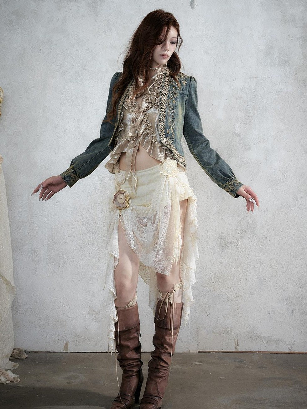 NO ROMANCE Baroque Lace Ruched Asymmetric Mermaid Women&