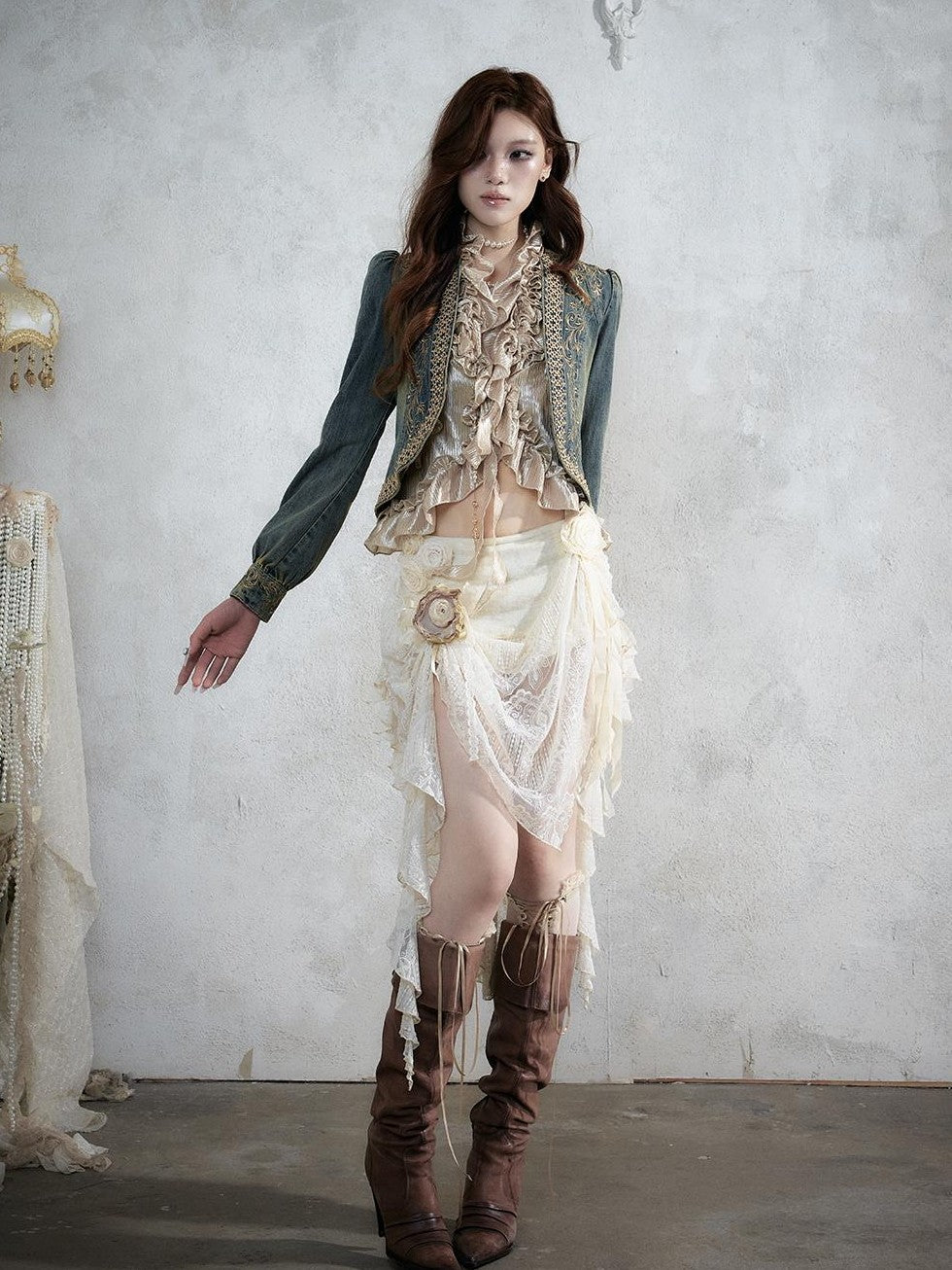 NO ROMANCE Baroque Lace Ruched Asymmetric Mermaid Women&